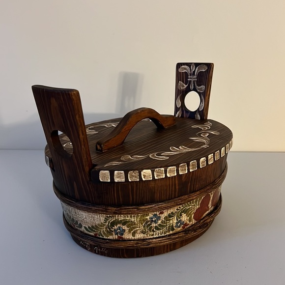 Unique Vintage Hand Painted Rustic Wooden Covered Pot - Made in Finland - Picture 3 of 8